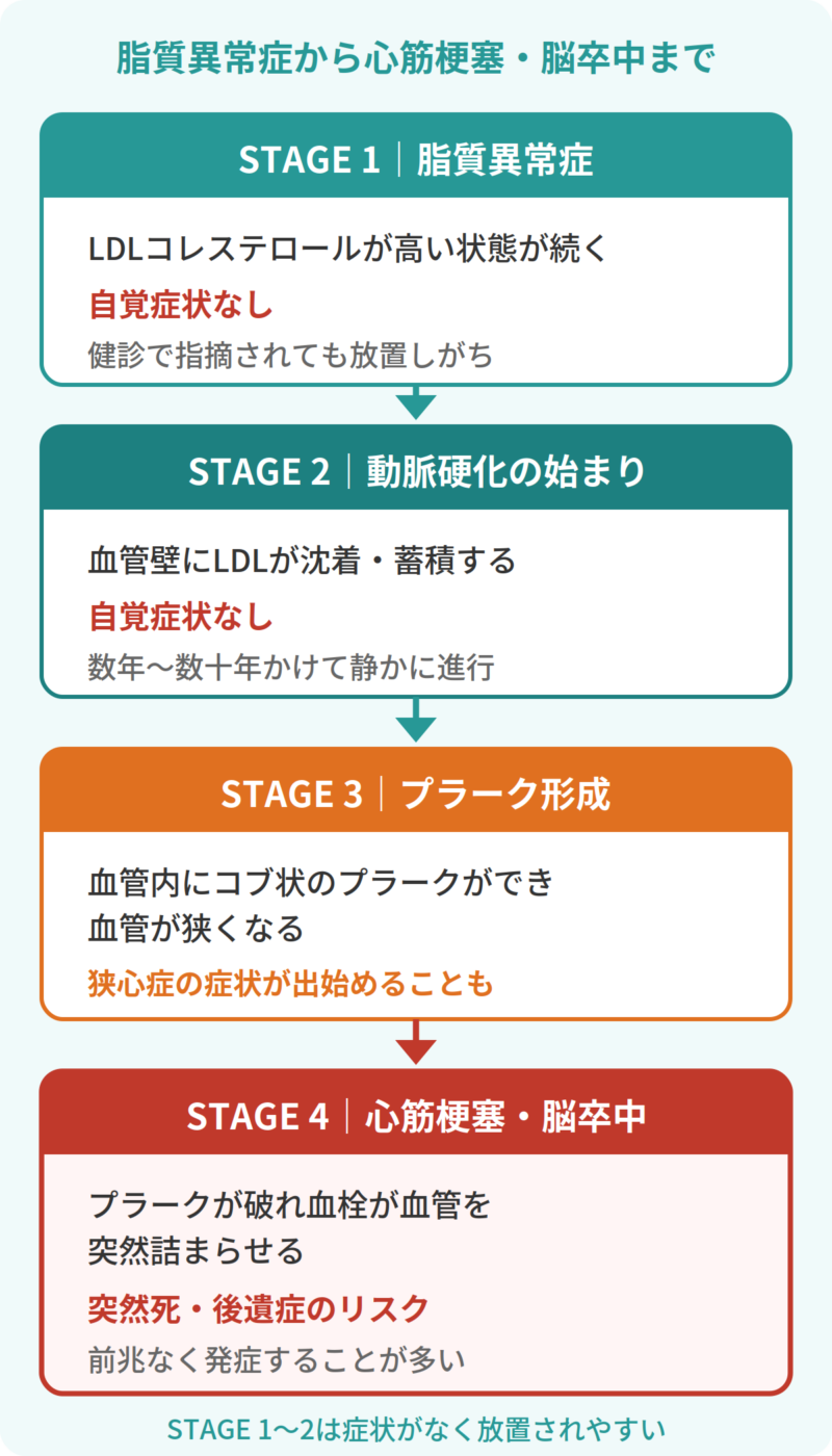 動脈硬化の進行プロセス（STAGE1〜4のフロー図）